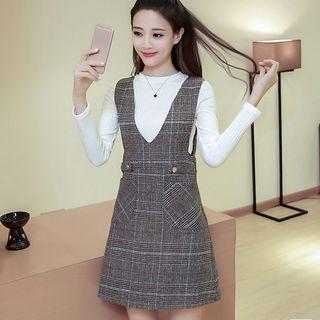 Set: Plain Long-sleeve Knit Top + Plaid V-neck Pinafore Dress