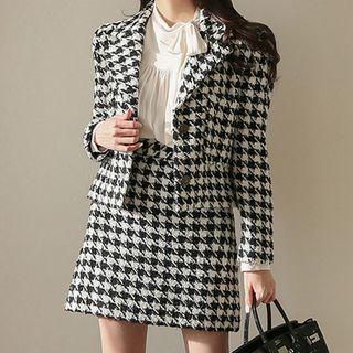 Set: Houndstooth Single-breasted Blazer + Mini A-line Skirt