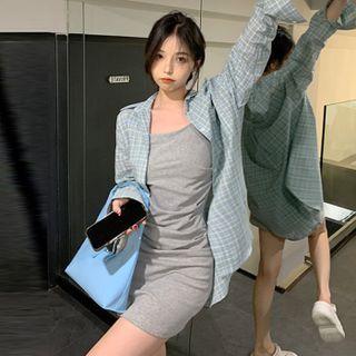 Spaghetti Strap Sheath Dress / Plaid Shirt