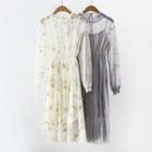 Set: Long-sleeve Embroidered A-line Mesh Dress + Slipdress