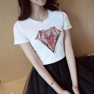 Sequined Loose-fit Round-neck Short-sleeve Top