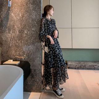 Long-sleeve Floral Print Maxi A-line Chiffon Dress