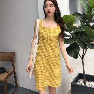 Plaid Spaghetti-strap Buttoned A-line Dress