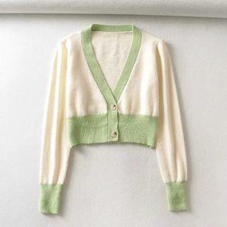 Long-sleeve V-neck Cropped Knit Cardigan As Shown In Figure - One Size