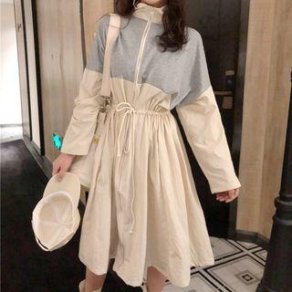 Stand Collar Two-tone Midi A-line Pullover Dress
