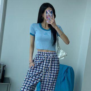Contrast-trim Embroidered Knit Crop Top