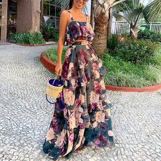 Set: Spaghetti Strap Floral Print Top + Maxi A-line Skirt