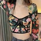 Long-sleeve Floral T-shirt Yellow & Pink Flowers - Black - One Size
