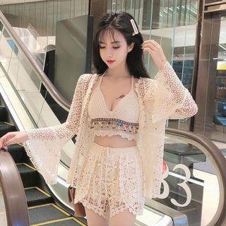 Lace Jacket / Beaded Cropped Halter Top / Eyelet Lace Shorts