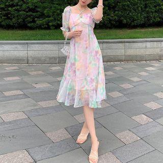 Off-shoulder Puff-sleeve Dyed Dress