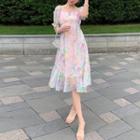 Off-shoulder Puff-sleeve Dyed Dress