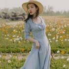 Ruffle Trim Square-neck Elbow-sleeve Midi A-line Dress