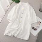 Short-sleeve Eyelet Lace Panel Stand Collar Blouse White - One Size