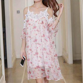 Printed Crochet Panel Off-shoulder Elbow-sleeve A-line Dress
