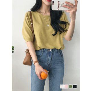 Elbow-sleeve Slit-side Knit Top
