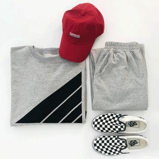 Set: Round-neck Printed Pullover + Band-waist Pants