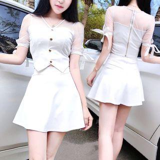 Set: Mesh Panel Short-sleeve Top + Mini Skirt