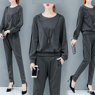 Set: Long-sleeve Mesh Paneled Top + Pants