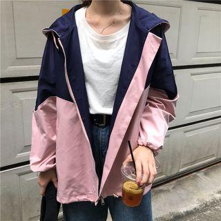 Color Block Zip Hooded Jacket As Shown In Figure - One Size