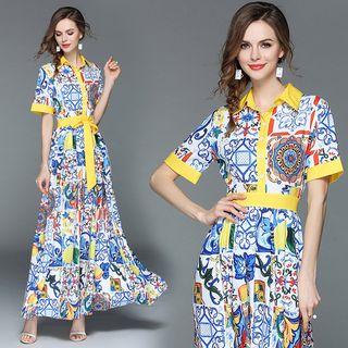 Patterned Short-sleeve Maxi Dress