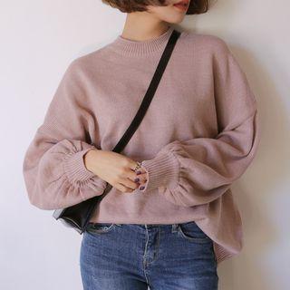 Crew-neck Balloon-sleeve Ribbed Sweater