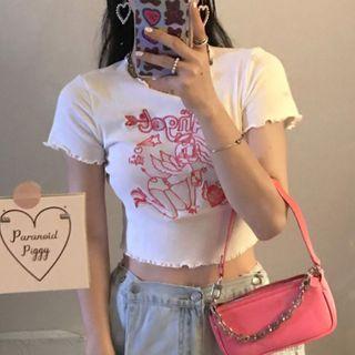 Short-sleeve Graphic Embroidered Frill Trim Crop Top