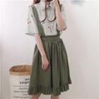 Floral Elbow-sleeve Shirt / Suspender A-line Skirt