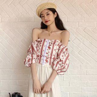 Floral Print Off-shoulder Balloon-sleeve Blouse As Shown In Figure - One Size