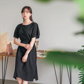 Elbow-sleeve Tie-waist Midi Dress (l~xxl)