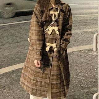 Plaid Bow Coat / Plain Midi A-line Skirt