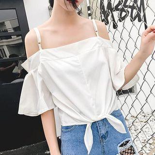 Tie Hem Cold Shoulder Chiffon Blouse