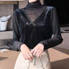 Long-sleeve Mock-neck Paneled Glitter Top