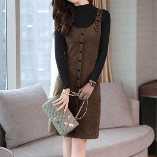 Long-sleeve Mock-neck Top / Buckled Strap Jumper Dress / Set