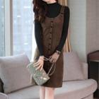 Long-sleeve Mock-neck Top / Buckled Strap Jumper Dress / Set