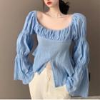 Square-neck Bell Sleeve Ruched Split Top