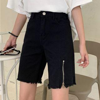 Zip-up Fray Hem High-waist Denim Shorts
