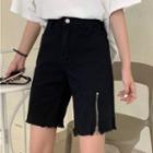 Zip-up Fray Hem High-waist Denim Shorts