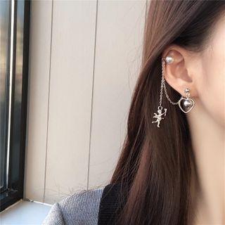 Cupid & Heart Faux Pearl Chained Cuff Earring 1 Pc - Cupid & Heart Faux Pearl Chained Cuff Earring - Silver - One Size
