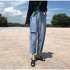 Crew-neck Long-sleeve T-shirt / Cropped Distressed Wide-leg Jeans / Faux-leather Belt