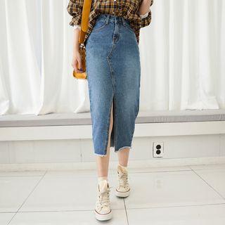 Slit-front Distressed Long Denim Skirt