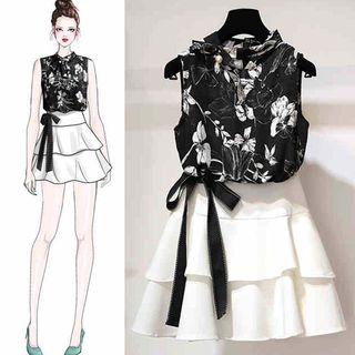 Set: Flower Print Tank Top + Bow Accent Tiered A-line Skirt
