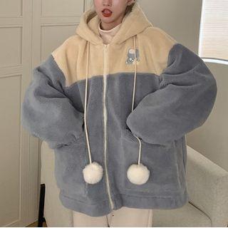 Oversized Fleece Color Panel Long-sleeve Hooded Jacket
