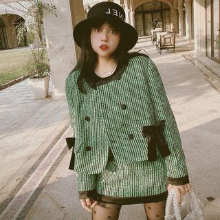 Double-breasted Bow Accent Jacket / Mini Pencil Skirt