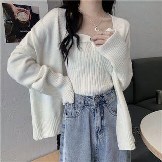 Set: Twist Knit Tube Top + Open-front Cardigan