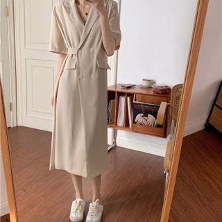 Short-sleeve Double Breasted Midi Dress Beige - One Size