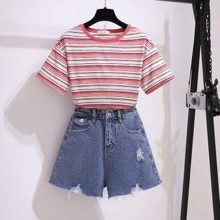 Elbow-sleeve Striped T-shirt / Distressed Denim Shorts / Set