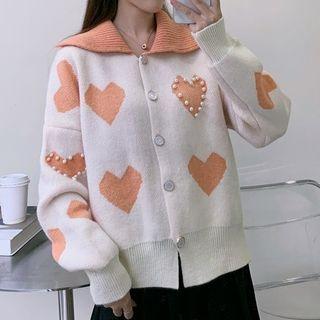 Faux Pearl Buttoned Heart Print Cardigan