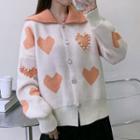 Faux Pearl Buttoned Heart Print Cardigan