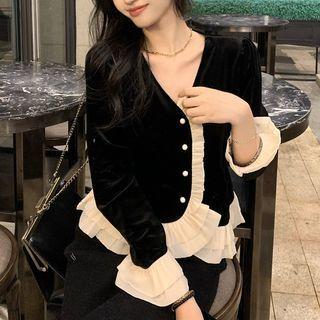Long-sleeve Button-up Frill Trim Velvet Blouse