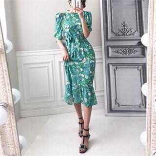 3/4-sleeve Floral Midi Dress With Sash
